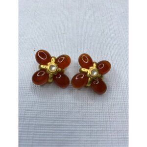 Jaded Earrings 21K Gold Plated Orange Clip On Carnelian Stone